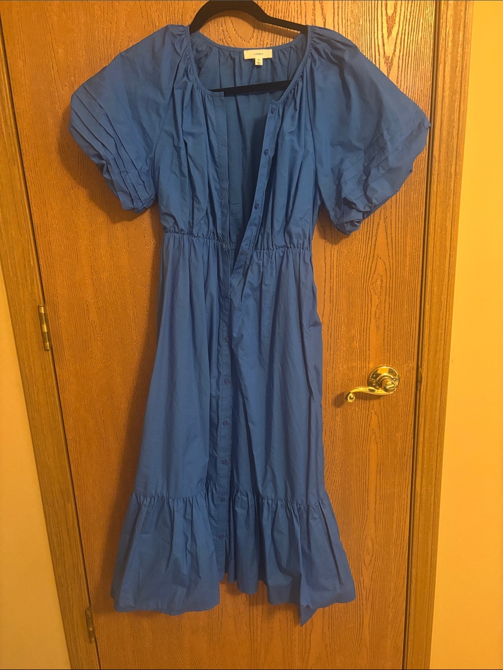 Blue Maxi Button-Front Dress with Puff Sleeves